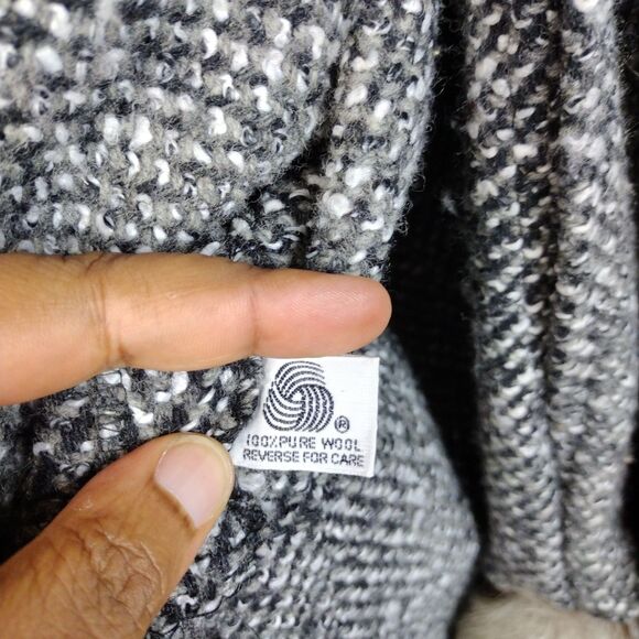 Vintage 80s Grey Black White Wool Swing Trapeze Coat Fox Fur Tail Trim Sz L OS - Picture 14 of 16